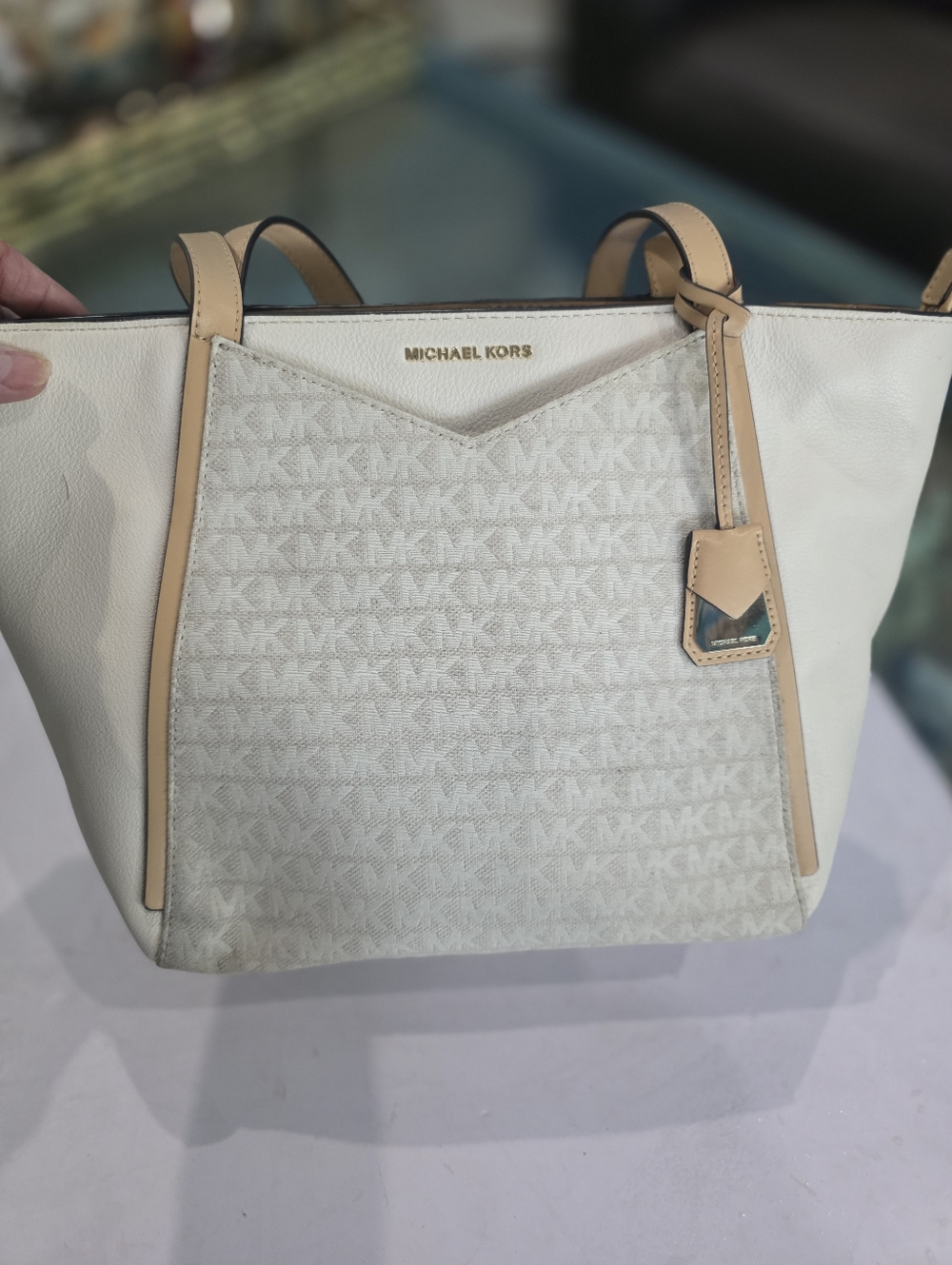 Michael Kors Cream & Tan Signature Tote with Front Pocket